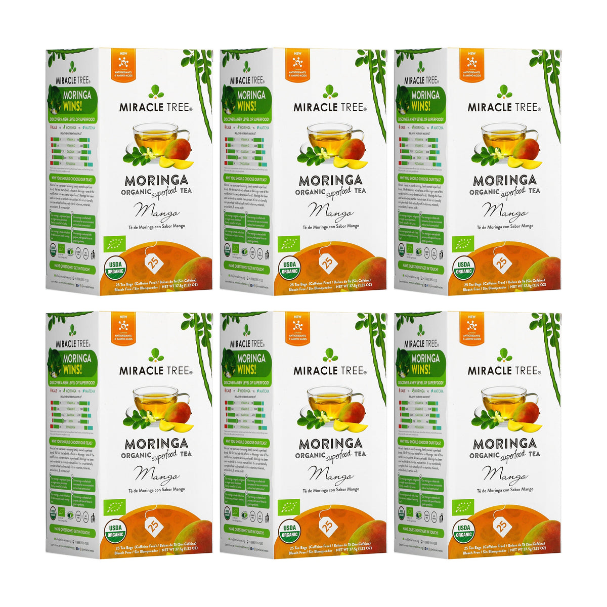 Organic Moringa Mango Herbal Tea by Miracle Tree in a clear glass cup with tea leaves and mango slices visible.
