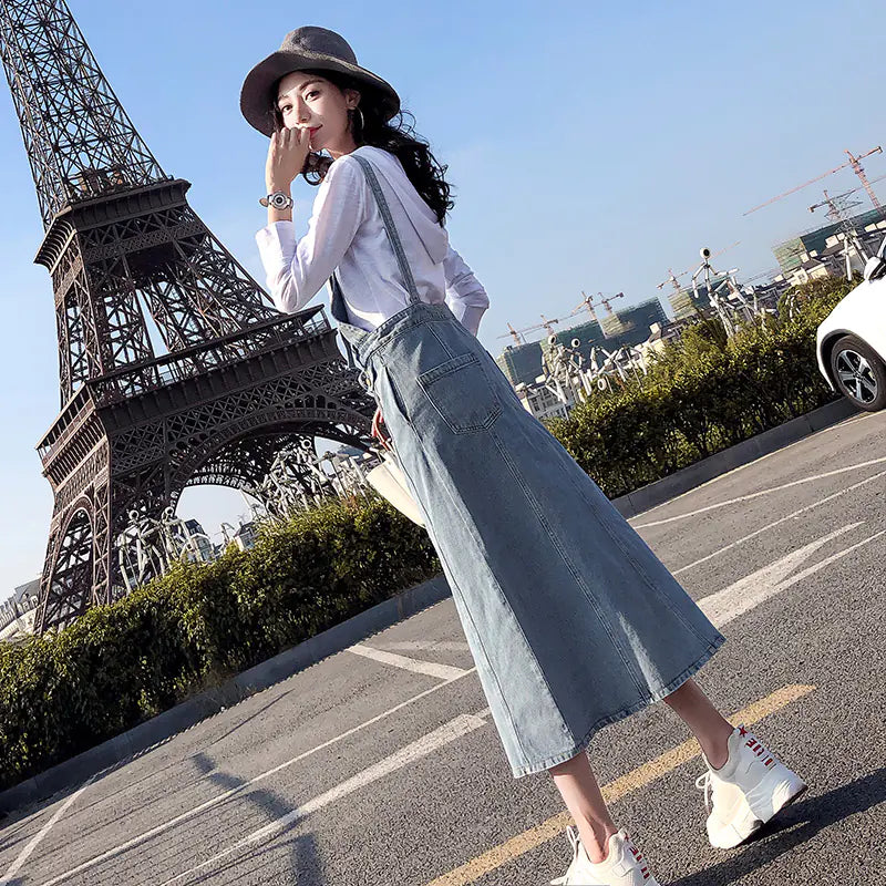 Button Strap Denim Dress, Denim Overall Dress