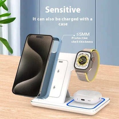3 In 1 Wireless Charger Station – Fast Qi-Certified, Foldable Design with Magnetic Components
