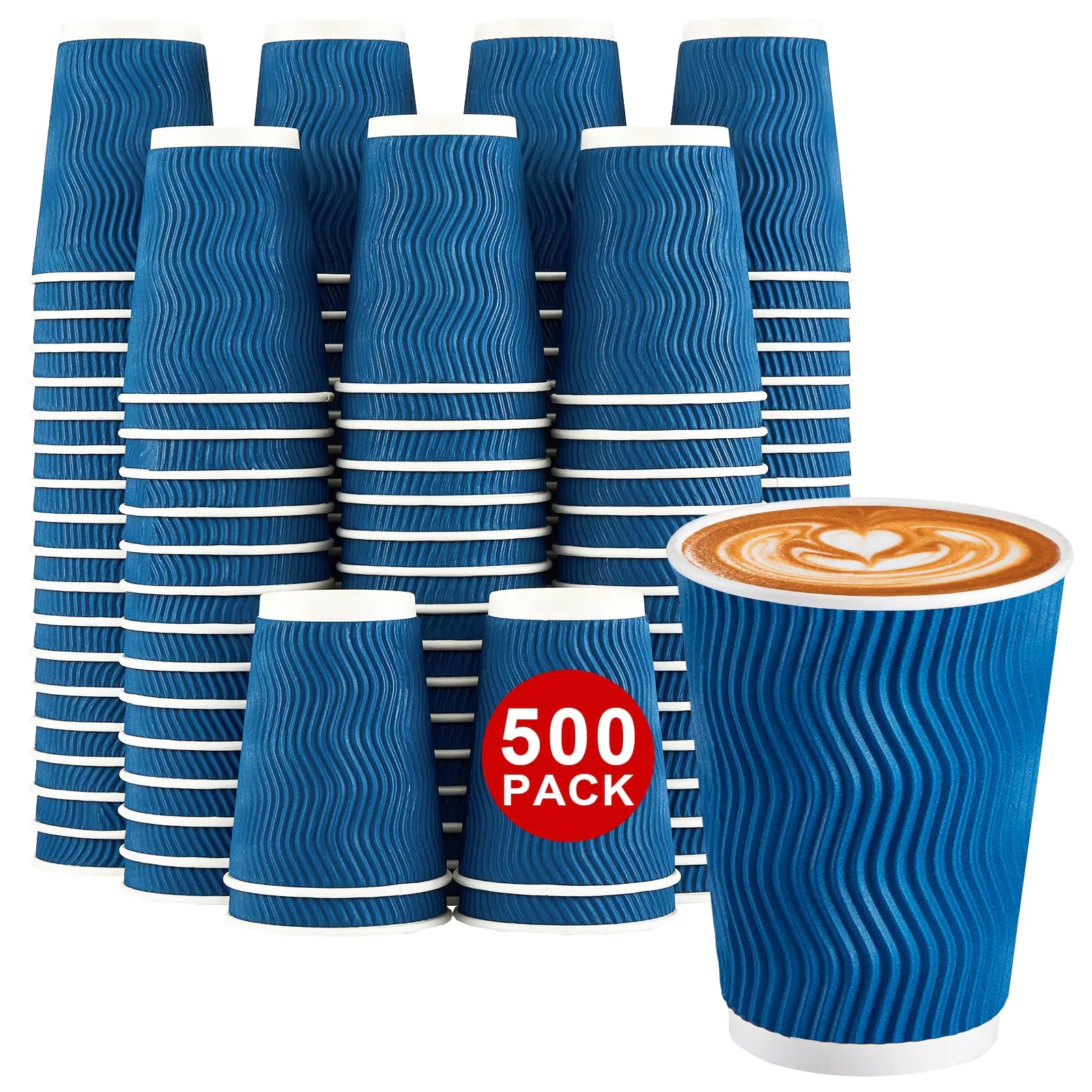 Lamosi 500-Count 12 oz Insulated Paper Coffee Cups Bulk Disposable Corrugated Cups 12oz Kraft Ripple Wall Design for Hot Beverage or Cold Drink Office Home Party Travel Cafe (Navy)