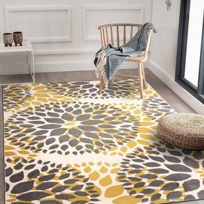 Grey and yellow floral woven area rug, 5' x 7', stain-resistant polypropylene rug by BACKUPMYFILESNOW® with vibrant floral pattern.