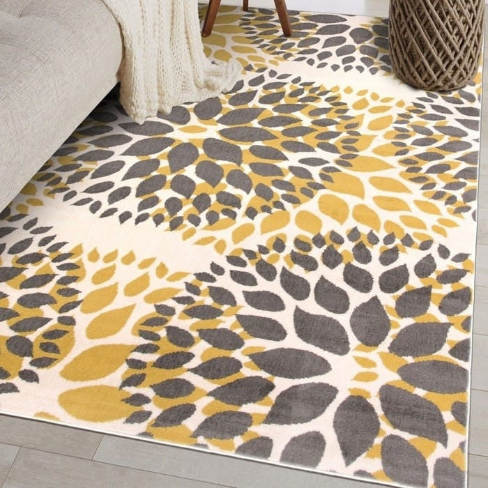Grey and yellow floral woven area rug, 5' x 7', stain-resistant polypropylene rug by BACKUPMYFILESNOW®.