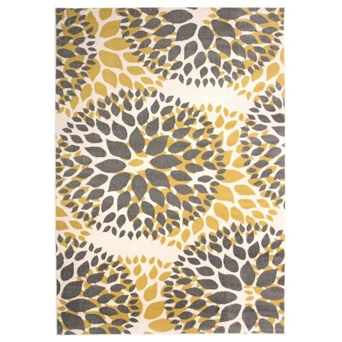 Grey and yellow floral woven area rug, 5' x 7', stain-resistant polypropylene, by BACKUPMYFILESNOW® for stylish home decor.