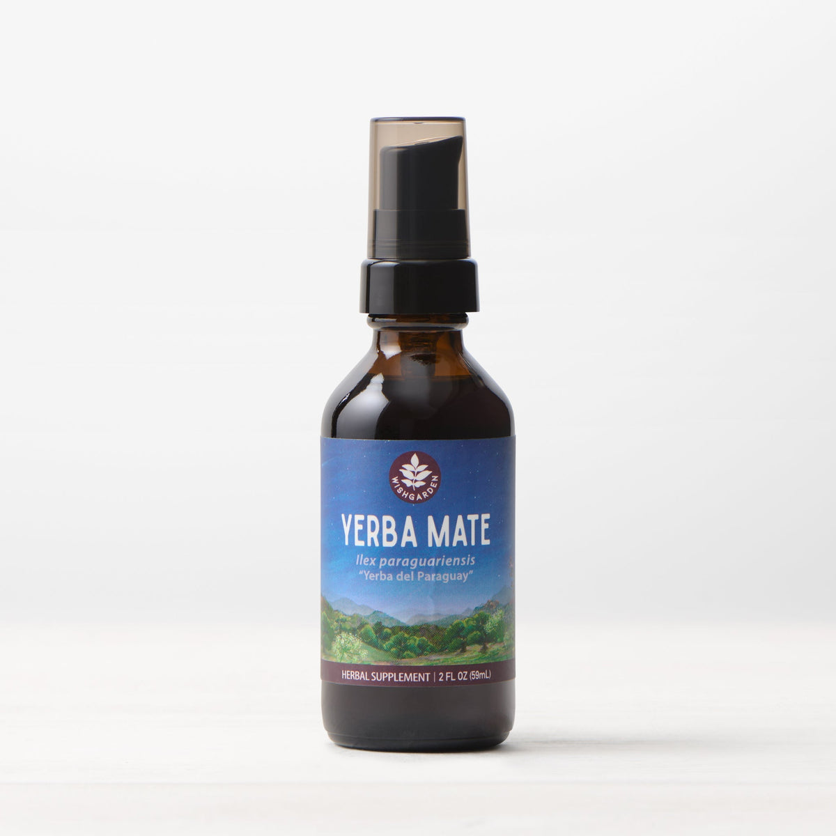 Single Yerba Mate tincture by WishGarden Herbs shown in a glass bottle with herbal label and natural background.
