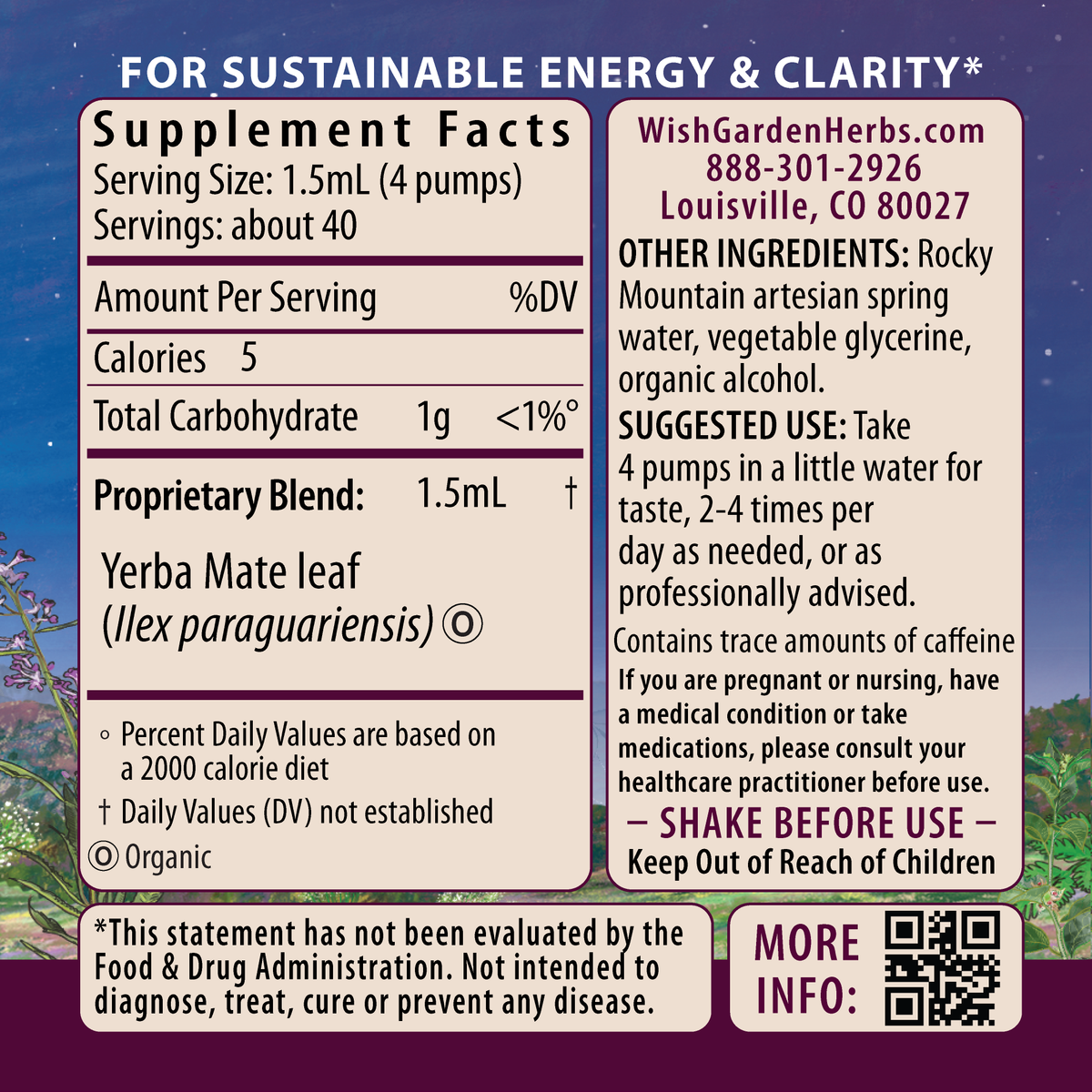 WishGarden Herbs Yerba Mate Tincture bottle with label showing product details and branding on the back panel.