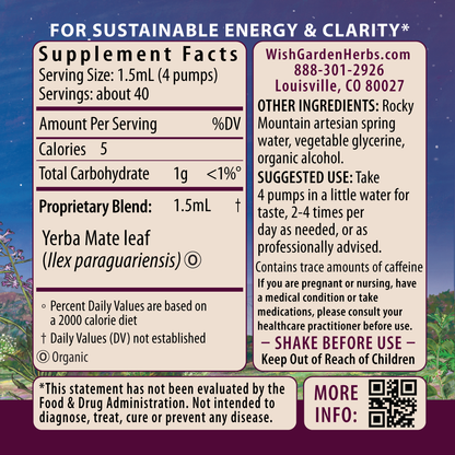 WishGarden Herbs Yerba Mate Tincture bottle with label showing product details and branding on the back panel.