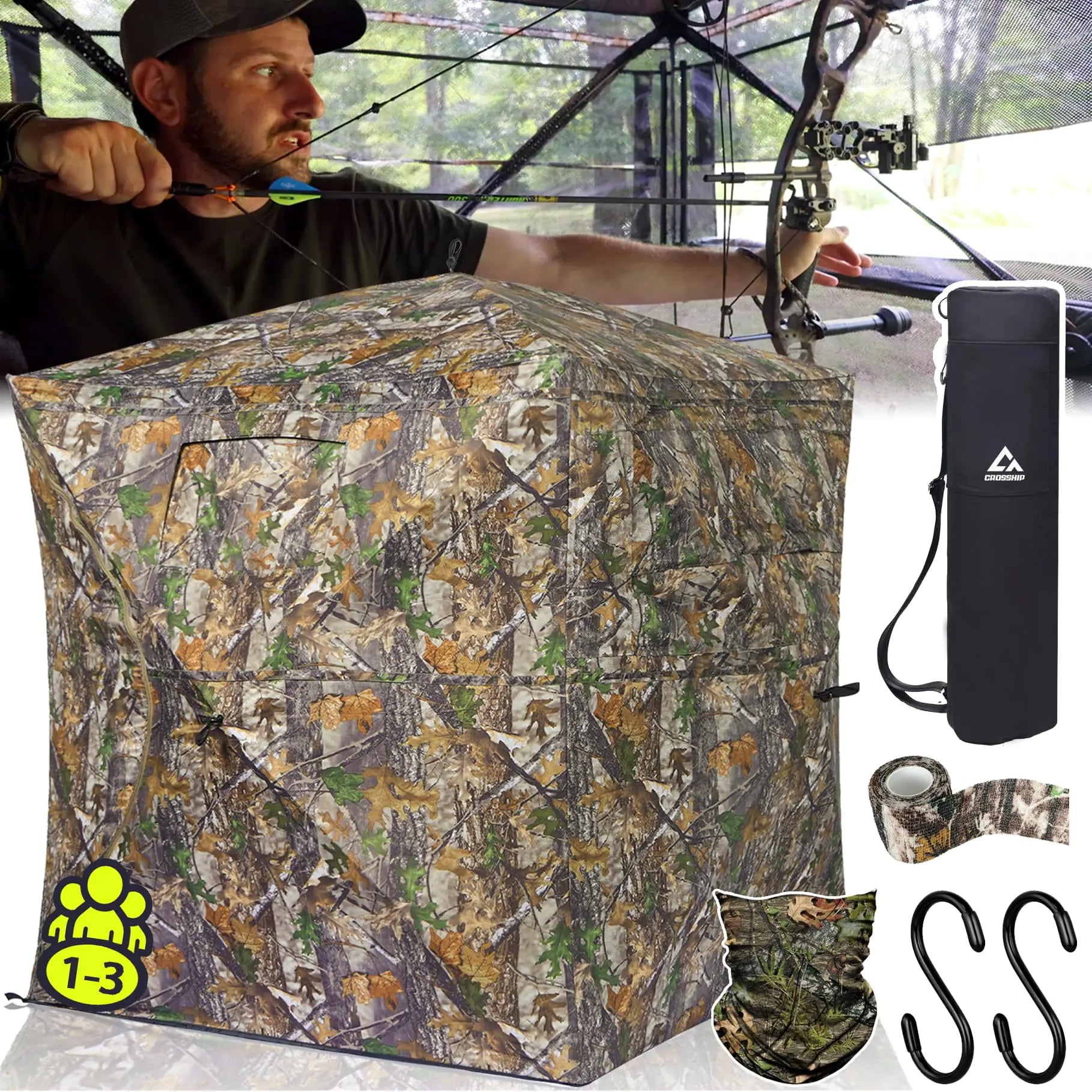 CROSSHIP 270° See Through Hunting Blind with Hunting Accessories Pack (Portable Bag Camo Wrap Tapes Face Mask&Gun Bow Hanger) - 2-3 Person Waterproof Deer Blind Ground - Pop Up Design