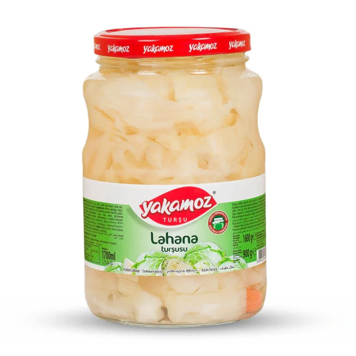 Glass jar of Yakamoz cabbage pickle by S101, 1600g, showing colorful cabbage slices inside the transparent jar.