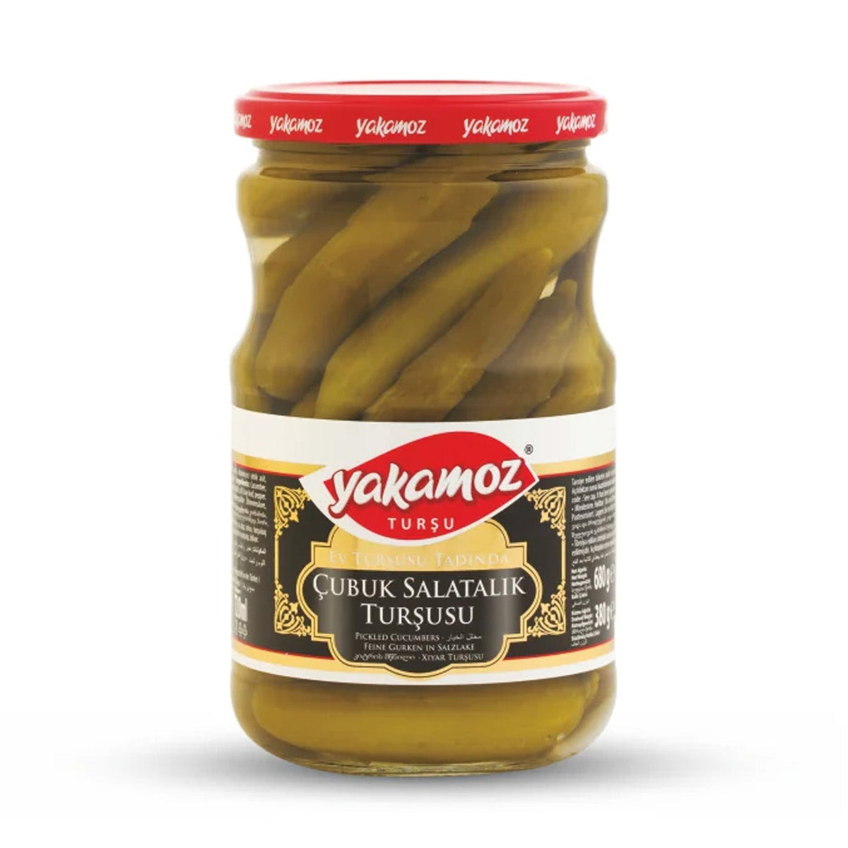 Glass jar of Yakamoz Cubuk Pickle 680G by S101, showing pickles inside the clear jar with a label on the front.