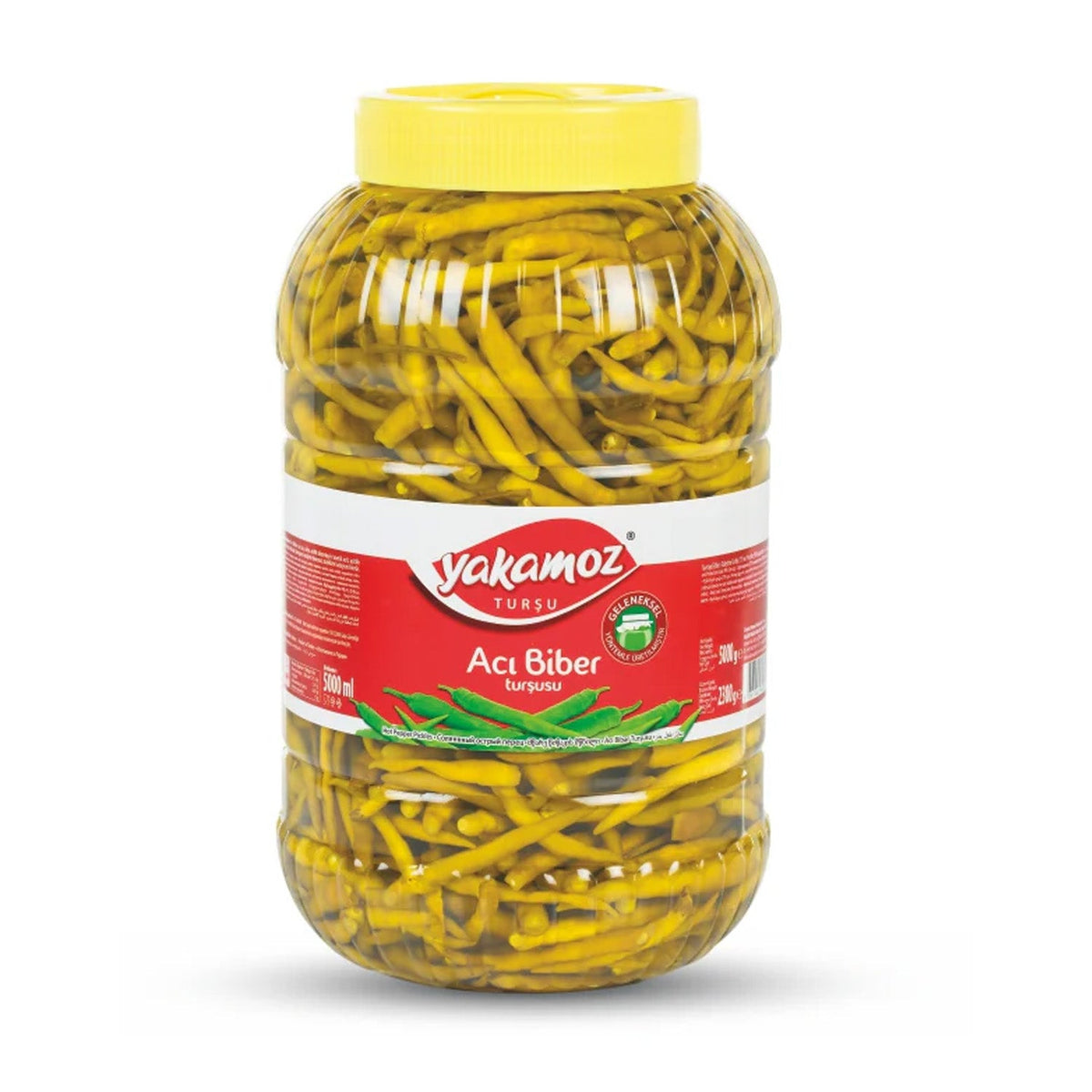 Glass jar of S101 Yakamoz hot pepper pickle, 5000g, showcasing vibrant red peppers and clear label on the jar.