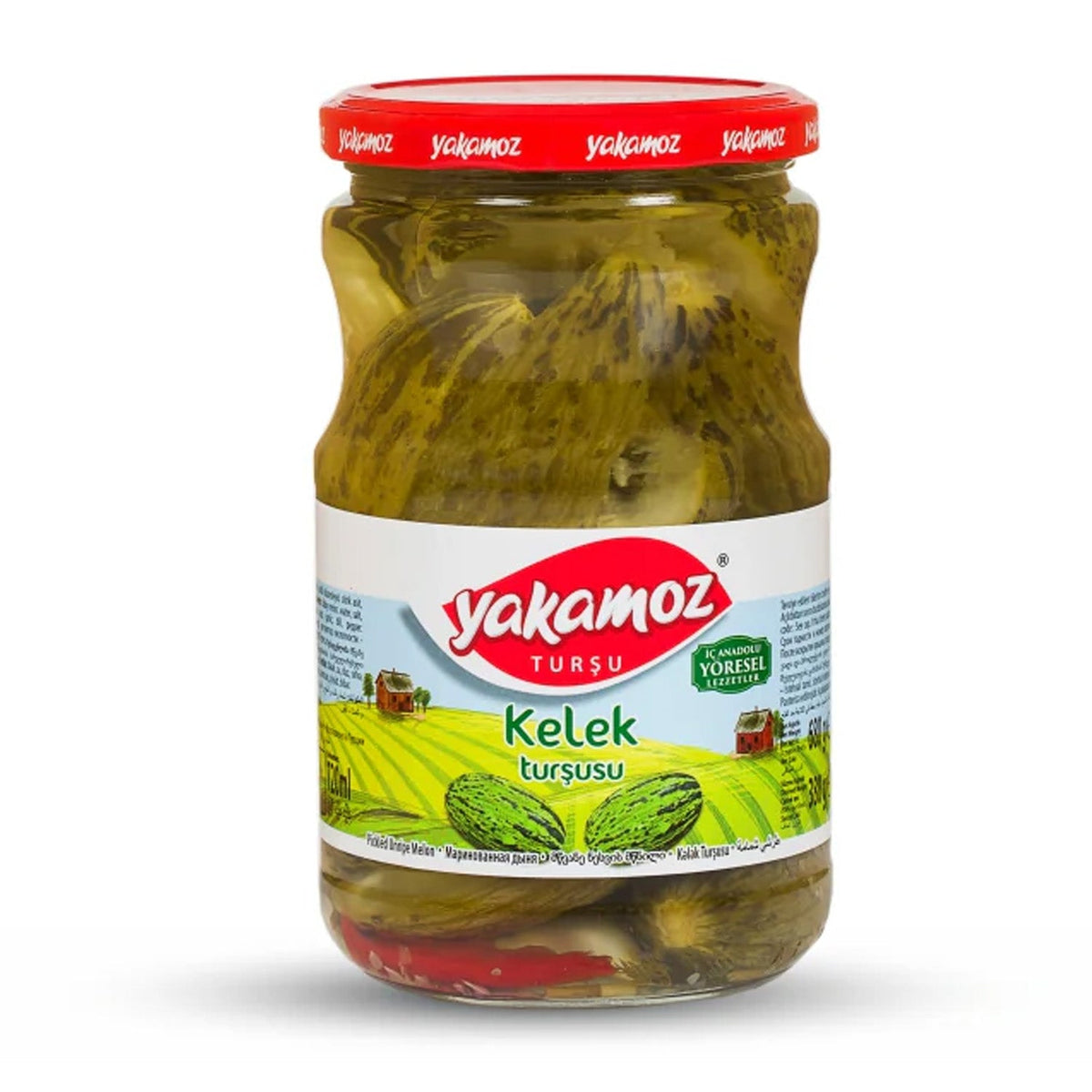 Glass jar of Yakamoz pickled unripe melon (kelek) by S101, showcasing the preserved green melons in brine.