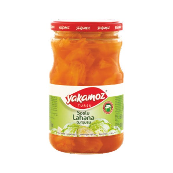 Glass jar of Yakamoz Cabbage Hot Sauce by S101, featuring pickled cabbage leaves with chili sauce in a 720ml container.