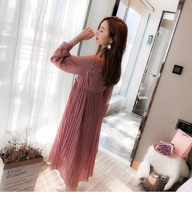 Chic Maternity Dress - Long Sleeve Pleated Chiffon