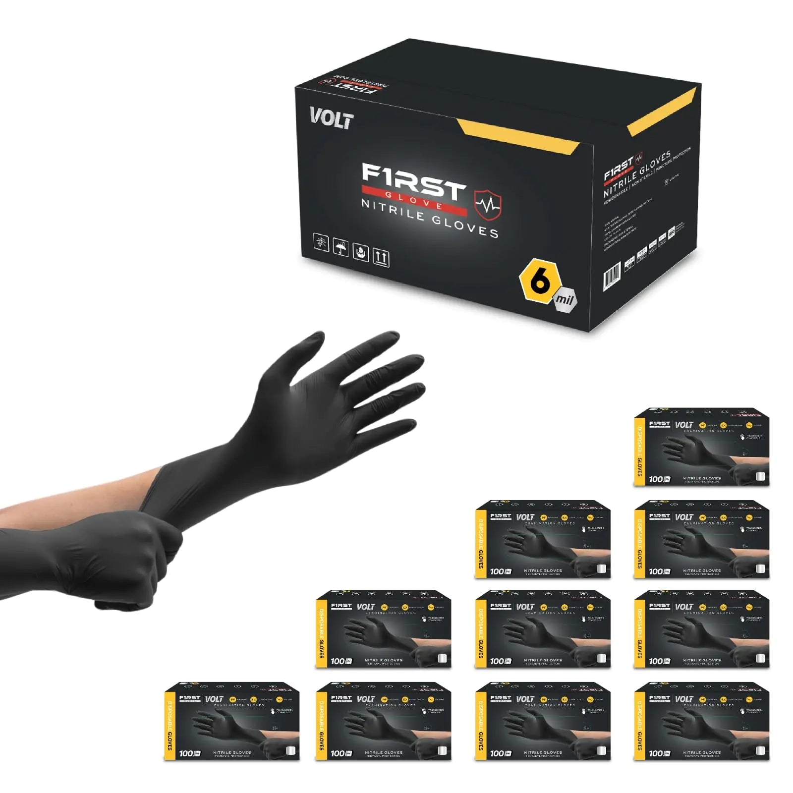 FIRST GLOVE Volt Large 200 Ct. 6 Mil Black Nitrile Disposable Gloves - Food Safe Disposable Gloves Disposable Cleaning Gloves Micro Textured Gloves for Enhanced Grip Latex Free Gloves