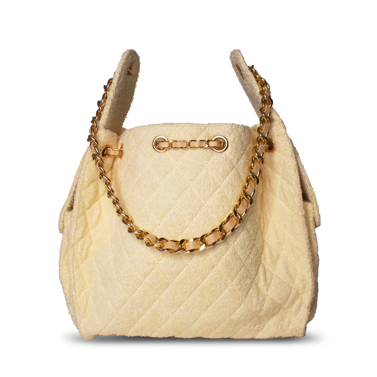 Beach Haus Bayshore Bucket Bag Medium in Butter Yellow, featuring a stylish reverse design and versatile shoulder strap.