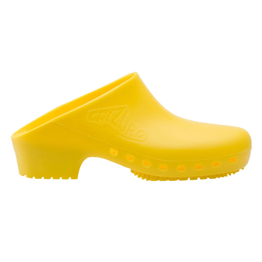Yellow Calzuro Classic clogs without holes, durable medical footwear with a smooth, slip-resistant sole for healthcare professionals.