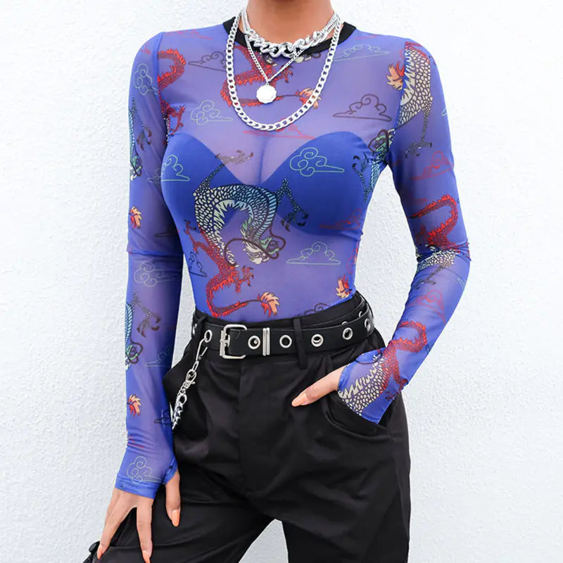 Chinese Dragon Print Mesh T-Shirt for Women