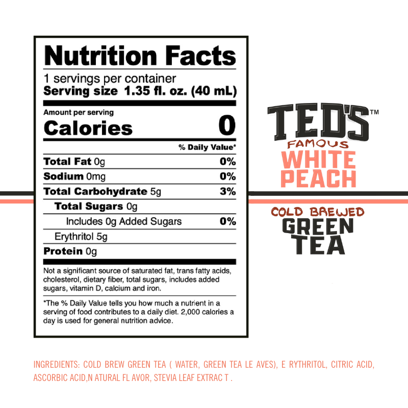 Java House Ted's Famous White Peach Cold Brew Green Tea in a clear glass, with fresh peach slices and vibrant green tea visible.