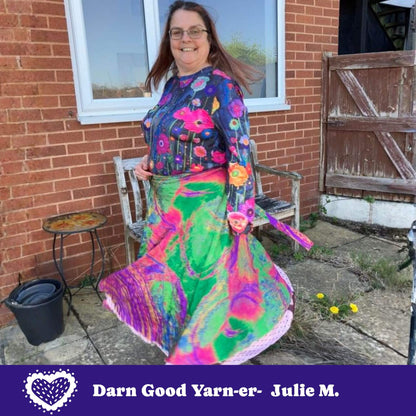 Colorful Made With Love Saree Wrap Skirt by Darn Good Yarn, featuring vibrant fabric and a stylish, versatile design.