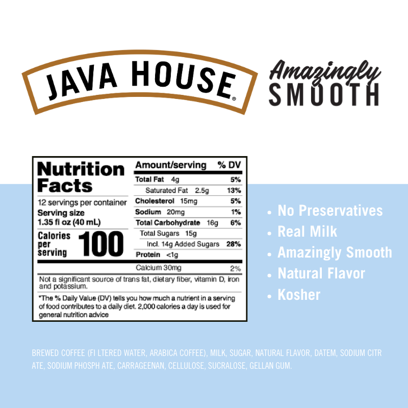 Cold brew latte with French vanilla flavor by Java House; creamy coffee drink in a clear glass with vanilla swirls.