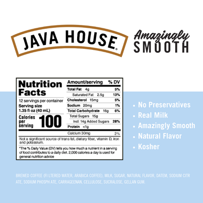Cold brew latte with French vanilla flavor by Java House; creamy coffee drink in a clear glass with vanilla swirls.