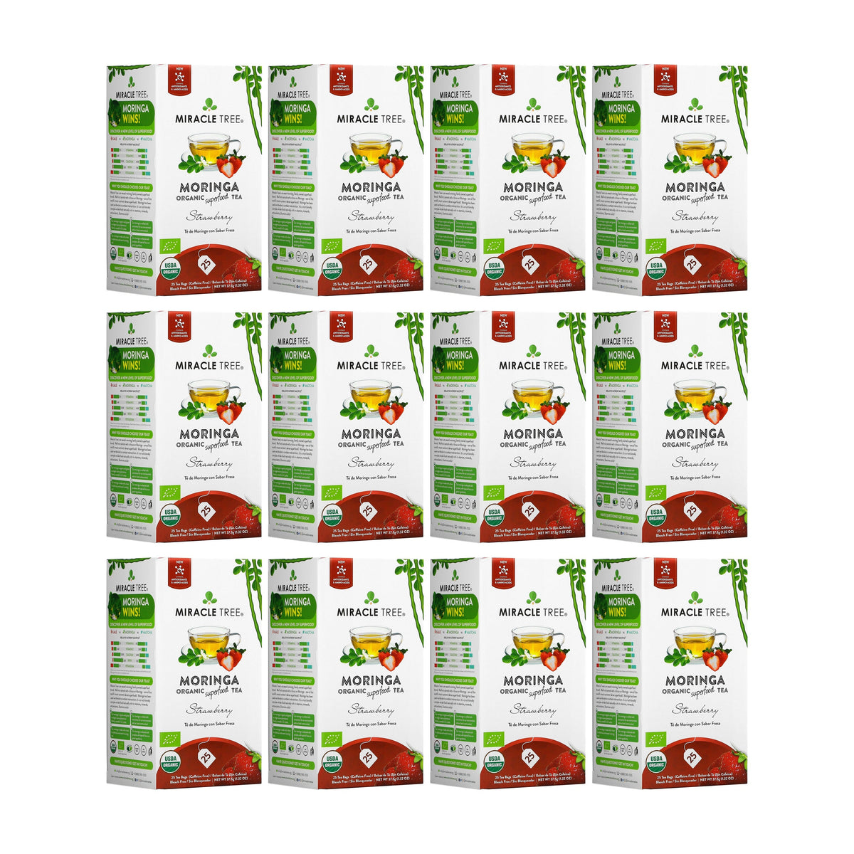 Organic Moringa Tea by Miracle Tree featuring strawberry flavor, caffeine-free herbal tea with fresh strawberry pieces and moringa leaves.
