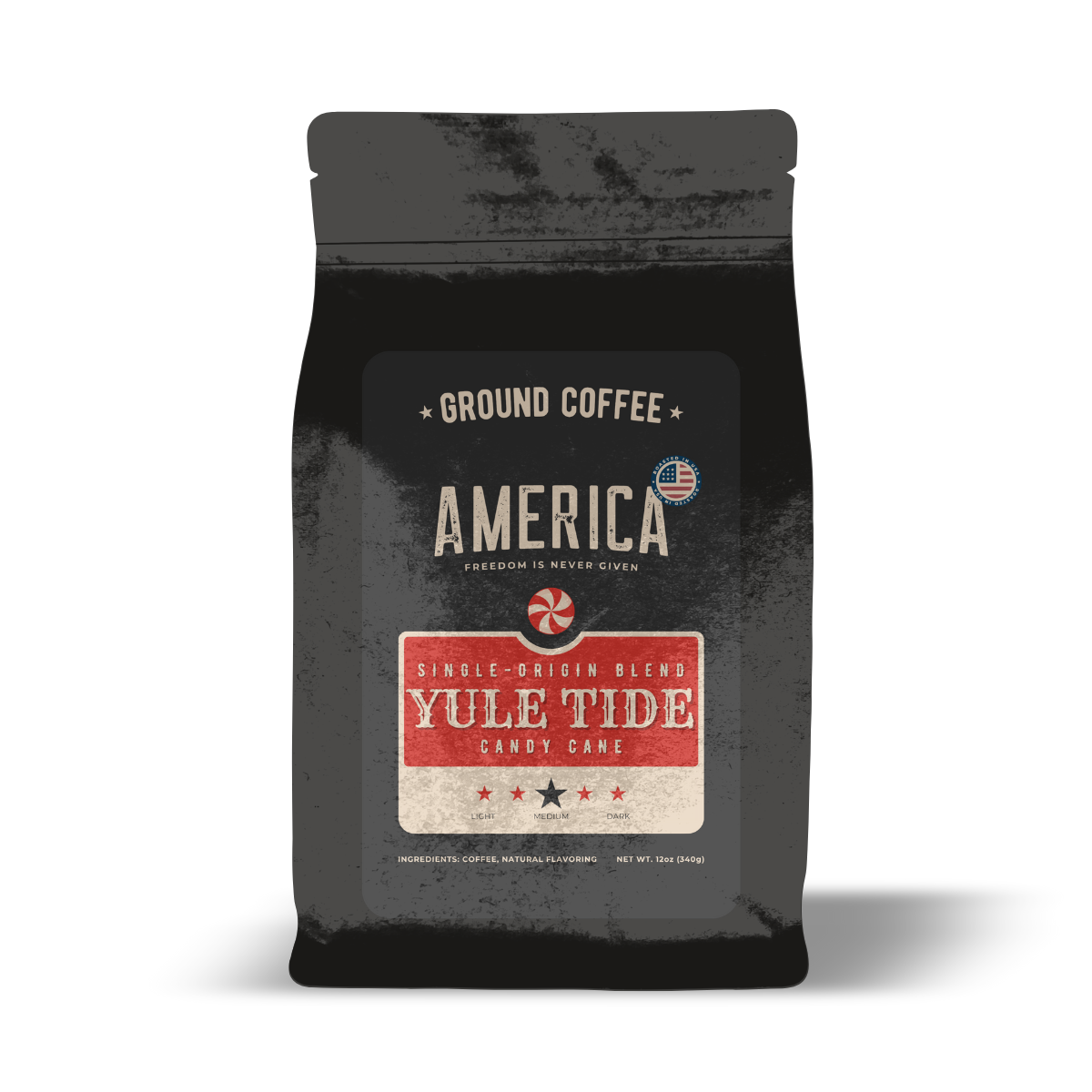 Ground coffee with Yule Tide Candy Cane flavor from America Supply Company LLC, featuring festive red and white packaging.