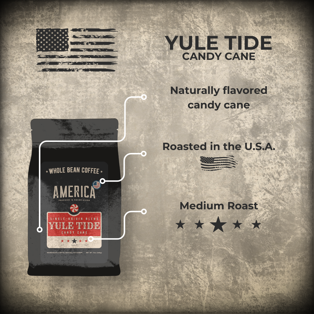 Yule Tide candy cane flavored coffee by America Supply Company LLC in a bag with festive holiday design and branding.