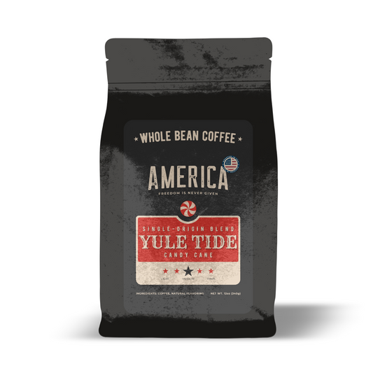 Whole coffee beans from America Supply Company LLC with Yule Tide candy cane flavor, naturally flavored for festive taste.