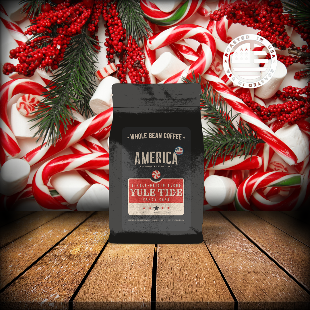 Yule Tide candy cane flavored coffee by America Supply Company LLC, featuring a festive holiday-themed coffee bag.