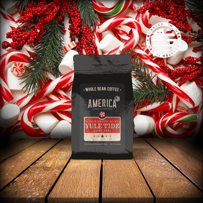 Yule Tide candy cane flavored coffee by America Supply Company LLC, featuring a festive holiday-themed coffee bag.