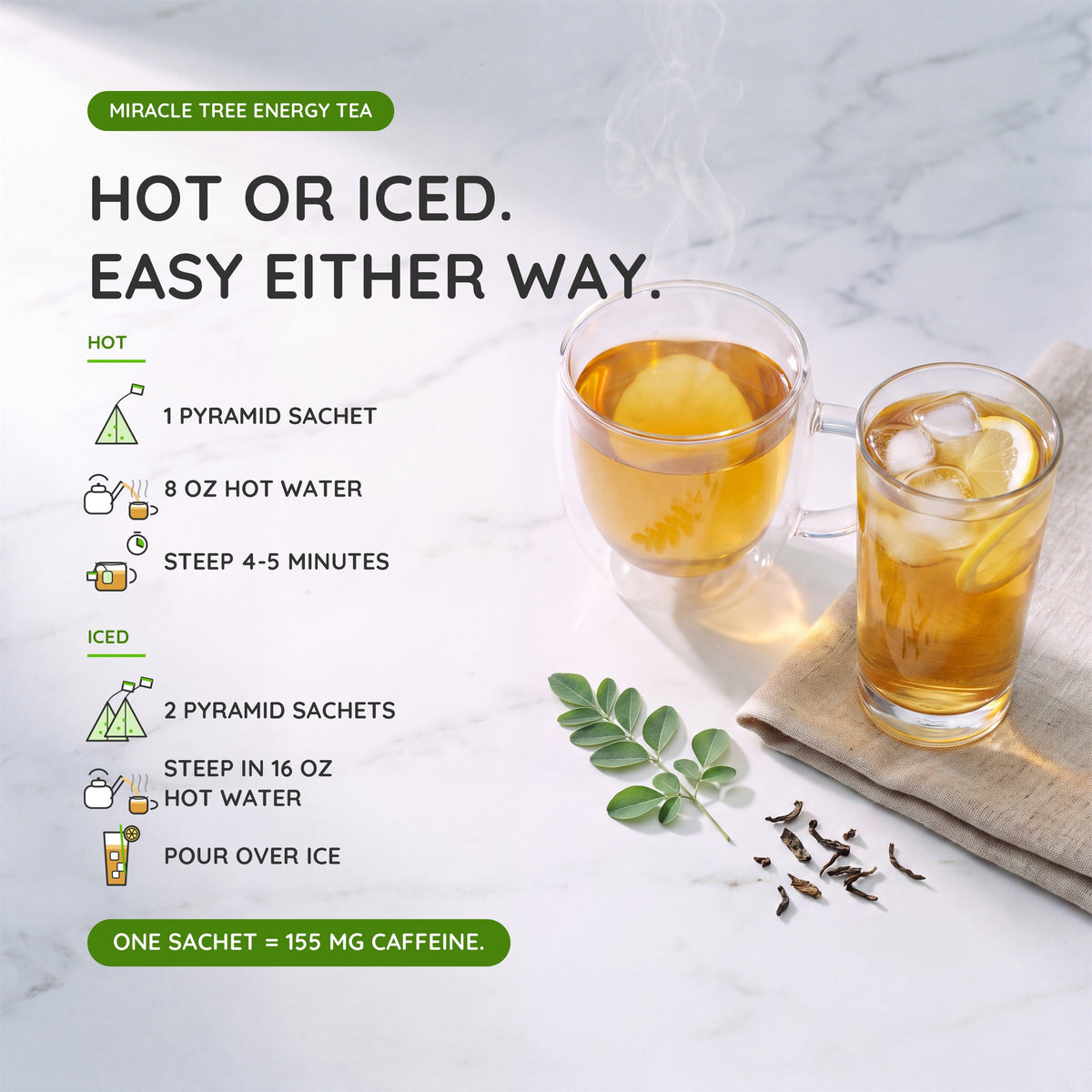 Organic Moringa Energy Tea by Miracle Tree with ginger and lemon, natural coffee alternative, in a clear glass cup.