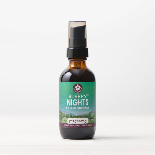 Pregnancy supplement box labeled "Sleepy Nights & Fresh Mornings" by WishGarden Herbs, with herbal ingredients on the packaging.