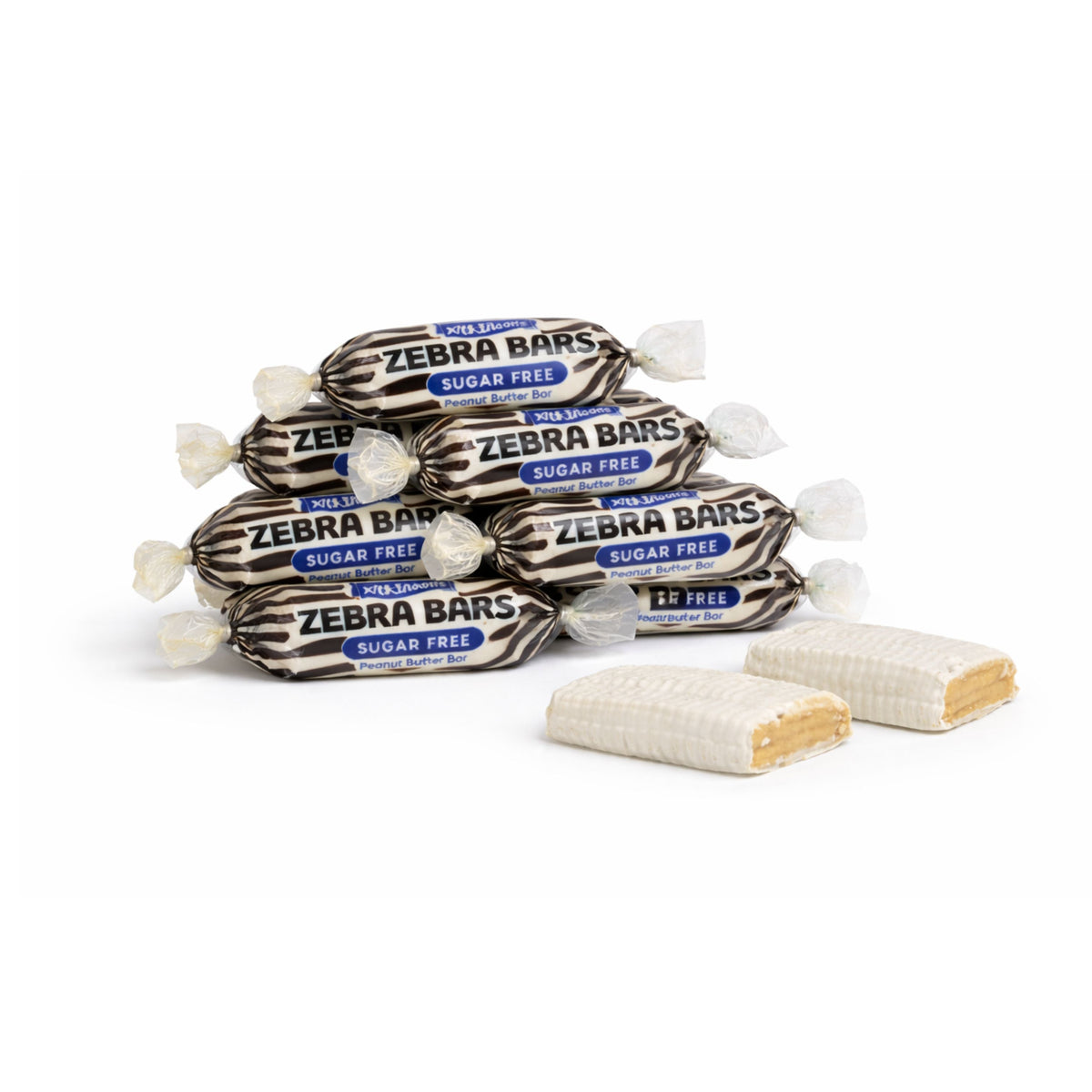 Zebra Peanut Butter Bars from Atkinson's, sugar-free candy, shown in a bulk value bag with zebra stripe design.
