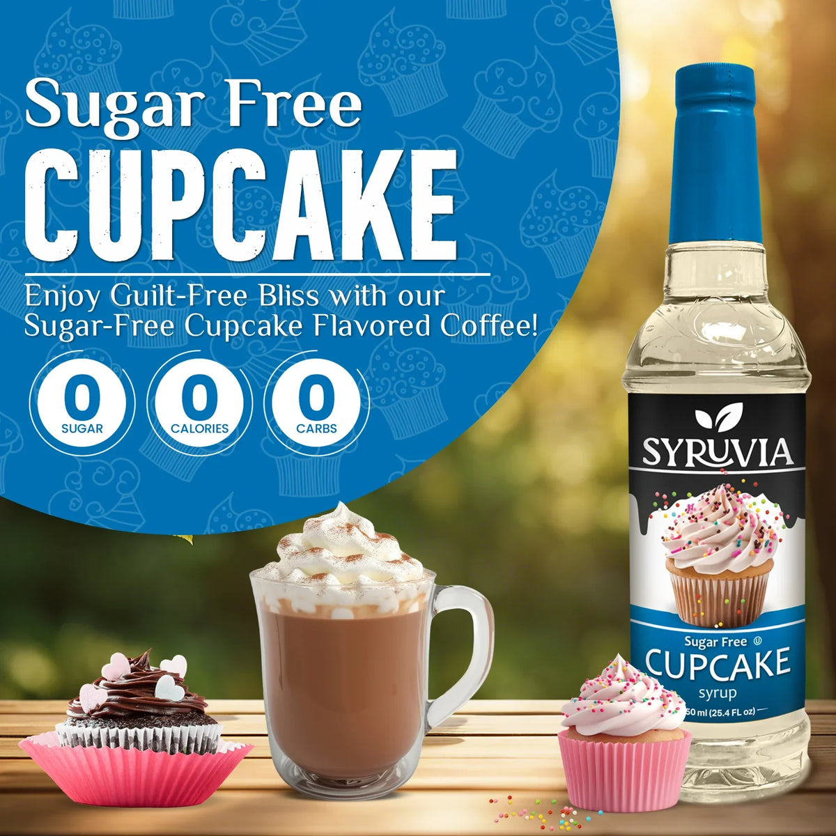 Bottle of Syruvia sugar-free cupcake syrup for coffee, showing the label and dark syrup inside the clear bottle.