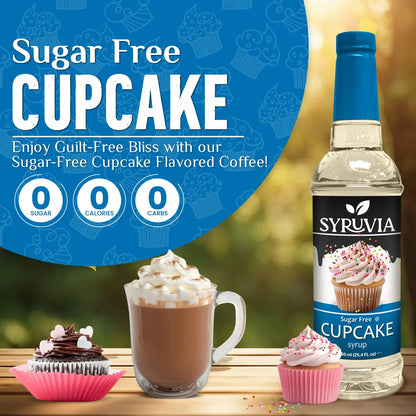 Bottle of Syruvia sugar-free cupcake syrup for coffee, showing the label and dark syrup inside the clear bottle.