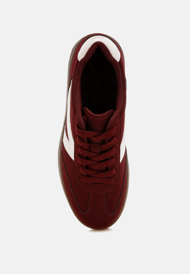 London Rag Zoomer contrasting patchwork chunky sneakers in burgundy with mixed fabric panels and thick white soles.