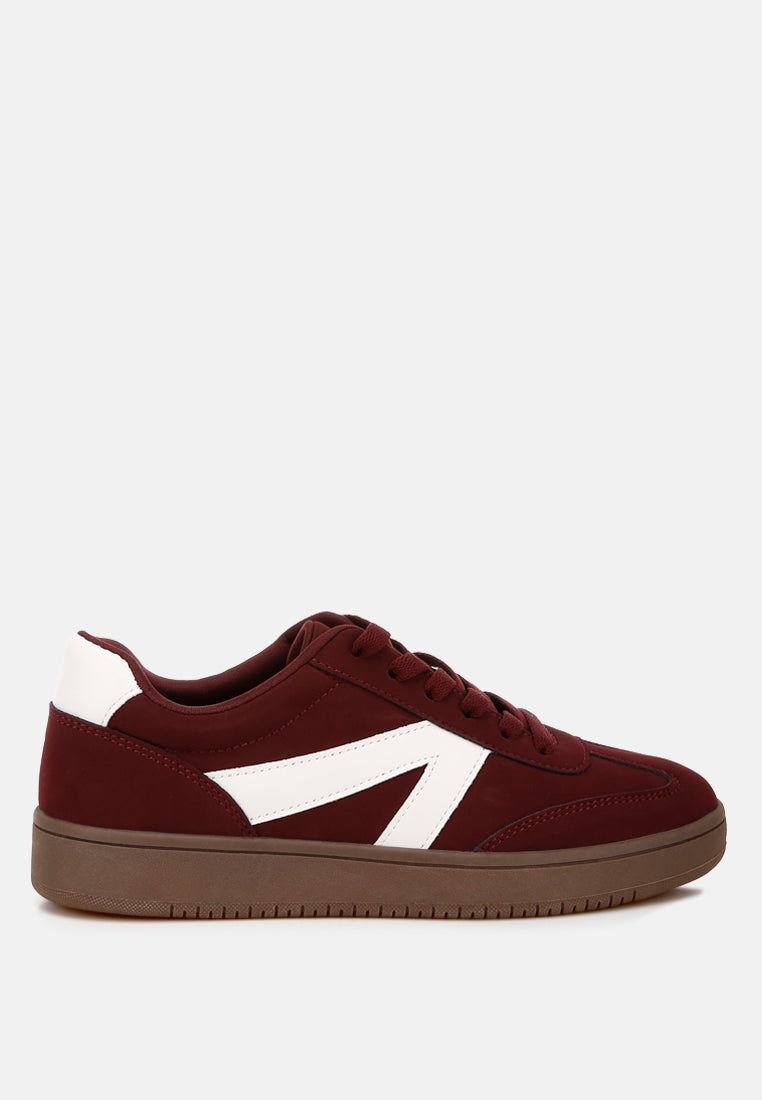London Rag Zoomer contrasting patchwork chunky sneakers in burgundy with bold mixed fabric design and thick rubber soles.