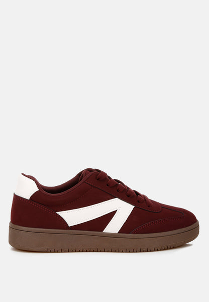 London Rag Zoomer contrasting patchwork chunky sneakers in burgundy with bold mixed fabric design and thick rubber soles.