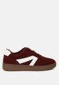 London Rag Zoomer contrasting patchwork chunky sneakers in burgundy with bold mixed fabric design and thick rubber soles.
