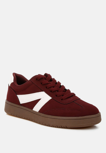 London Rag Zoomer contrasting patchwork chunky sneakers with burgundy and multicolor design, showcasing textured and stylish athletic footwear.