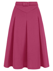Allegra K Womens Office Work Skirts Belted Waist Midi A-Line Pleated Skirt X-Large Fuschia