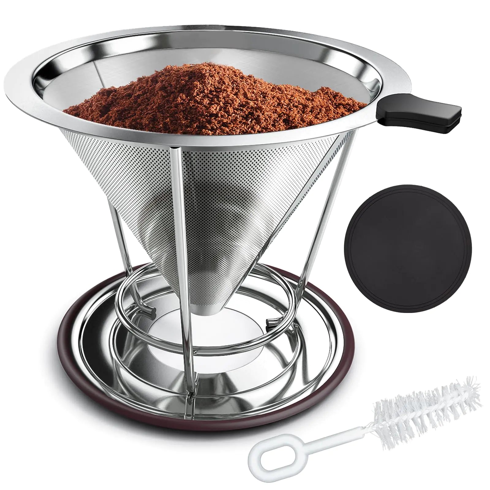 Pour Over Coffee Dripper Reusable Stainless Steel Coffee Filter Easy-to-Clean Paperless Cone Coffee Dripper for 1-2 Cups Pour Over Coffee Maker with Stand&Non-Slip and Cleaning Brush
