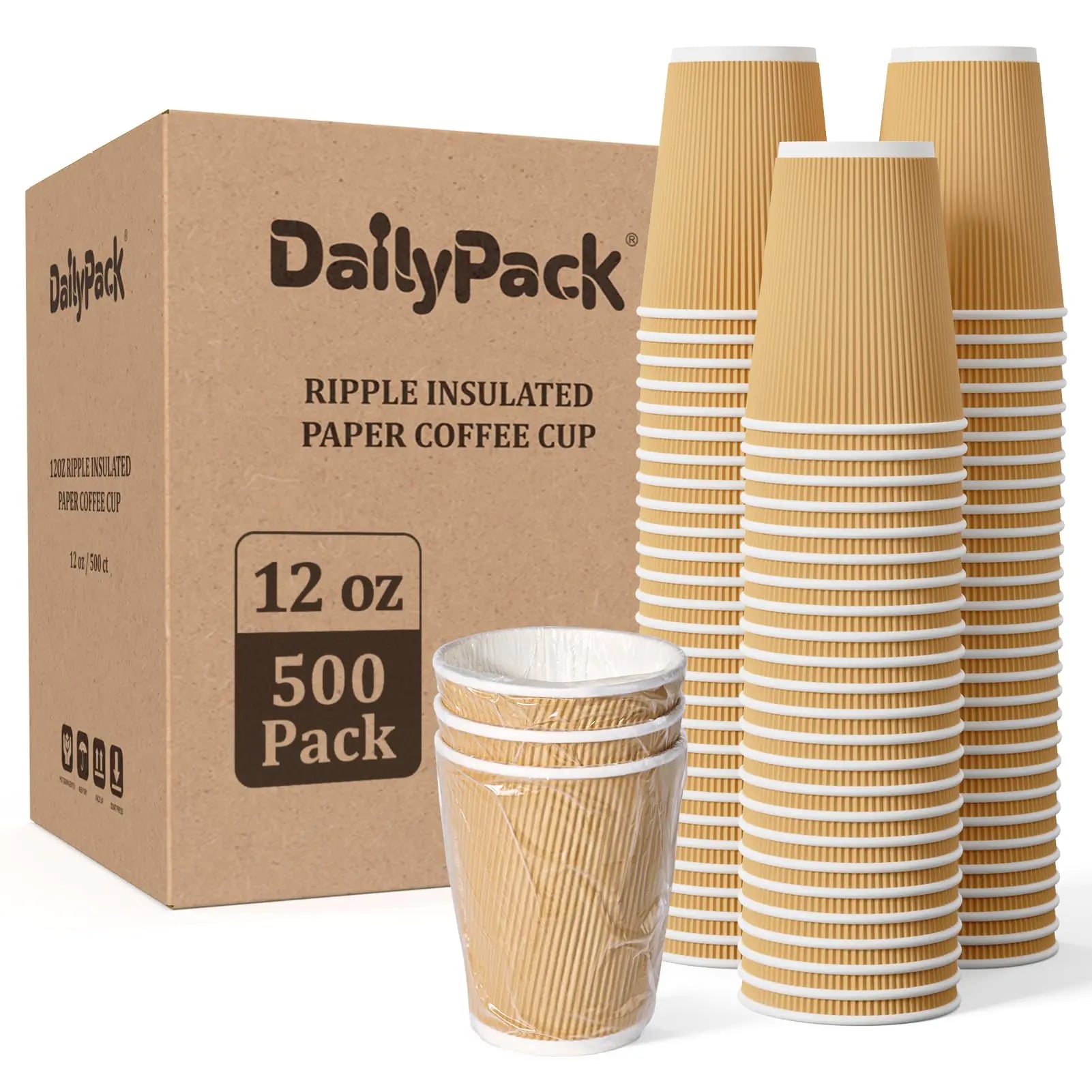 DAILYPACK 500 Pack 12 oz Paper Coffee Cups Ripple Insulated Paper Cups Hot Water Cups for Home Office Hotel Meetings Parties