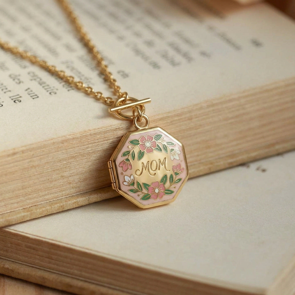 Heart-shaped openable pendant necklace with delicate chain; front view of the locket design
