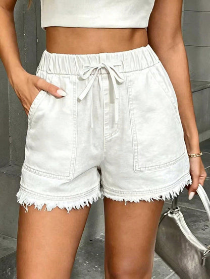 Women's denim shorts with elastic waist and drawstring waistband, front and back view