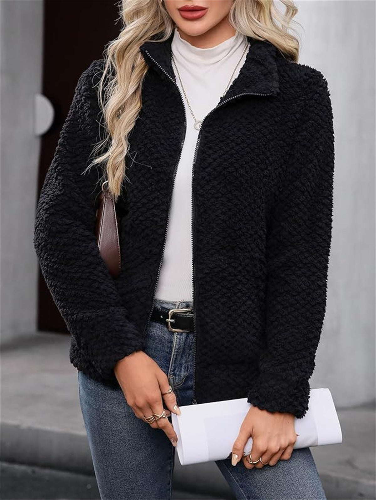 Women's padded fleece-lined zip-up jacket with pocket and lapel collar in a neutral tone