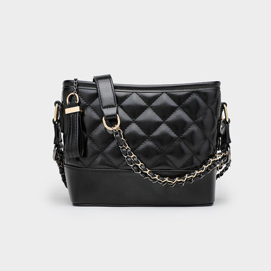 Luxury designer BACKUPMYFILESNOW® women's crossbody tote handbag with sleek black leather and gold hardware.