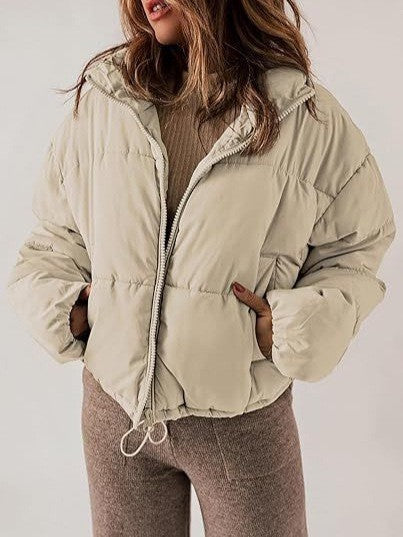 Stand-collar cotton-padded puffer coat for petite figures, shown in a front view