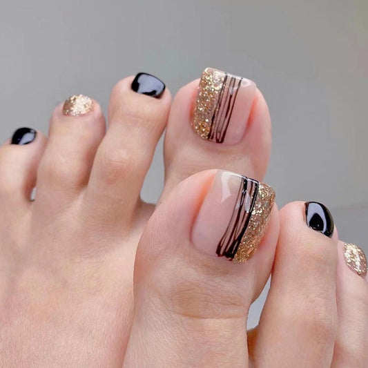 Women's fashion black line gold powder manicure nails – nail art tips